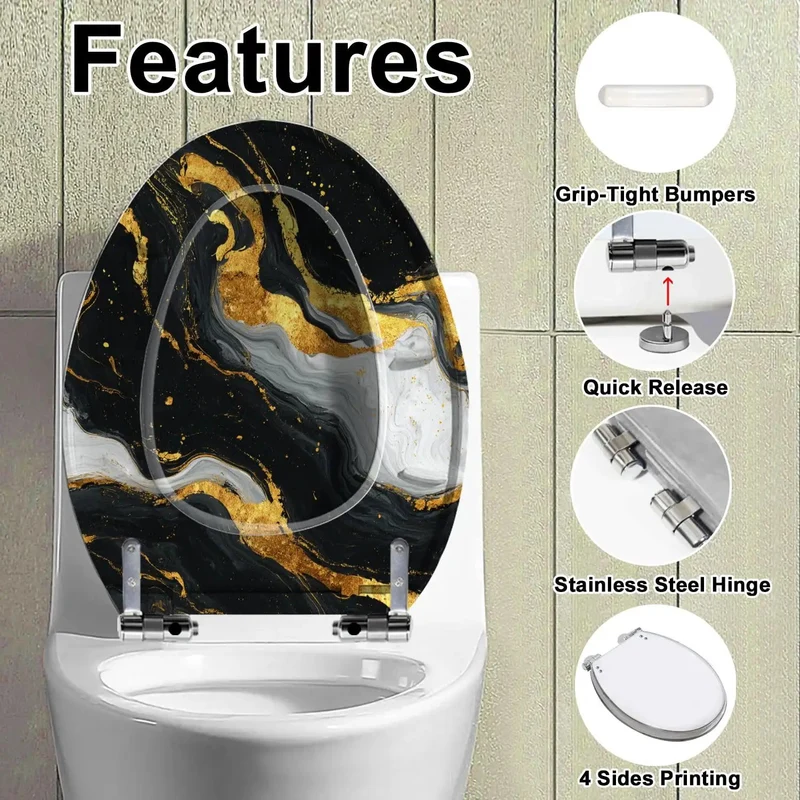 Elongated Bathroom Toilet Seat Replacement With Zero Slam Slow Close And Custom Print Vibes Constructed From Tough As Nails Resin For An Upgraded Washroom Setup