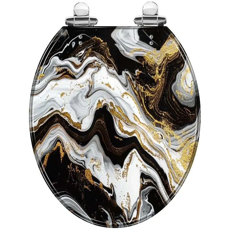 Marble Vein Round Resin Toilet Seat with Buttery Smooth Glide Action No Sweat Hardware Installation For American Standard Fixtures Fresh Bathroom Vibe and Tight Fit that Really Pops