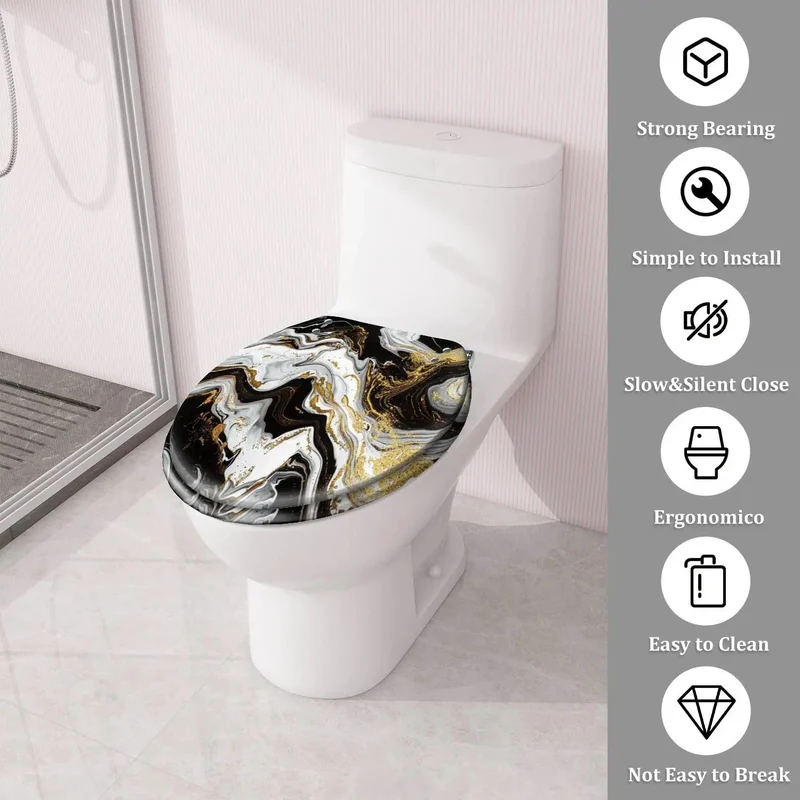 Marble Vein Round Resin Toilet Seat with Buttery Smooth Glide Action No Sweat Hardware Installation For American Standard Fixtures Fresh Bathroom Vibe and Tight Fit that Really Pops