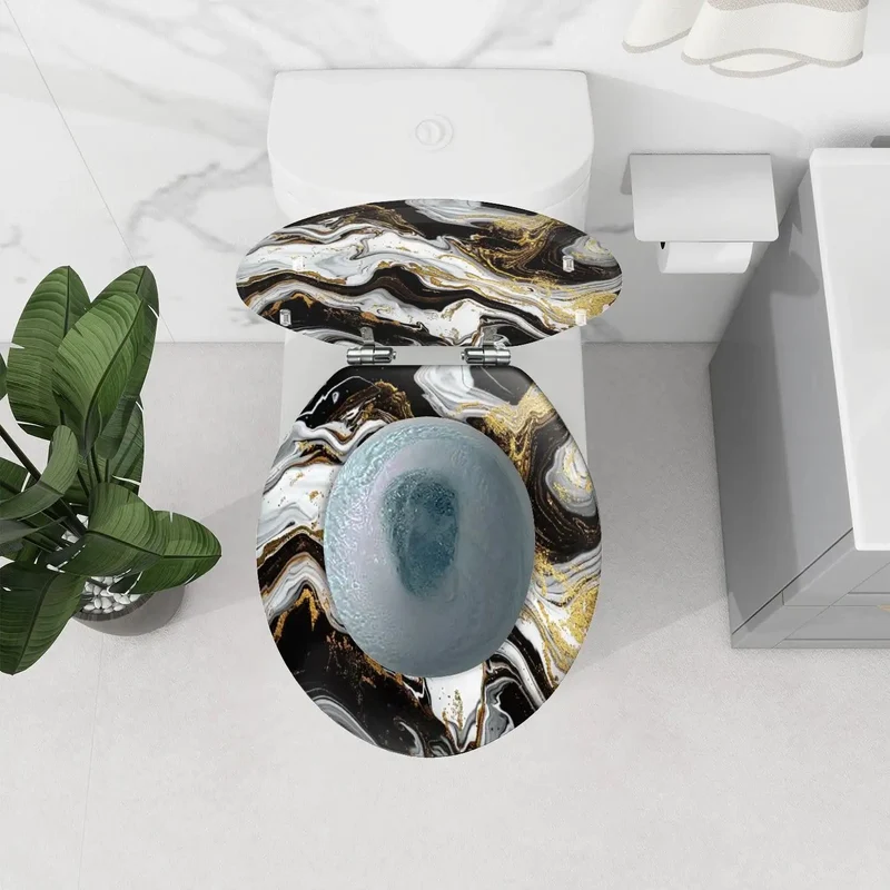 Marble Vein Round Resin Toilet Seat with Buttery Smooth Glide Action No Sweat Hardware Installation For American Standard Fixtures Fresh Bathroom Vibe and Tight Fit that Really Pops