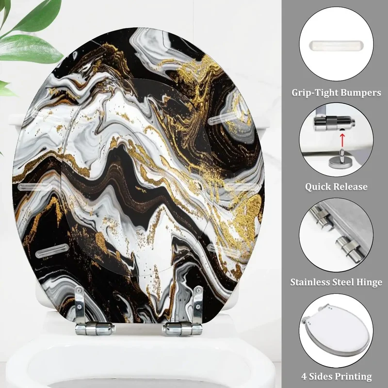 Marble Vein Round Resin Toilet Seat with Buttery Smooth Glide Action No Sweat Hardware Installation For American Standard Fixtures Fresh Bathroom Vibe and Tight Fit that Really Pops