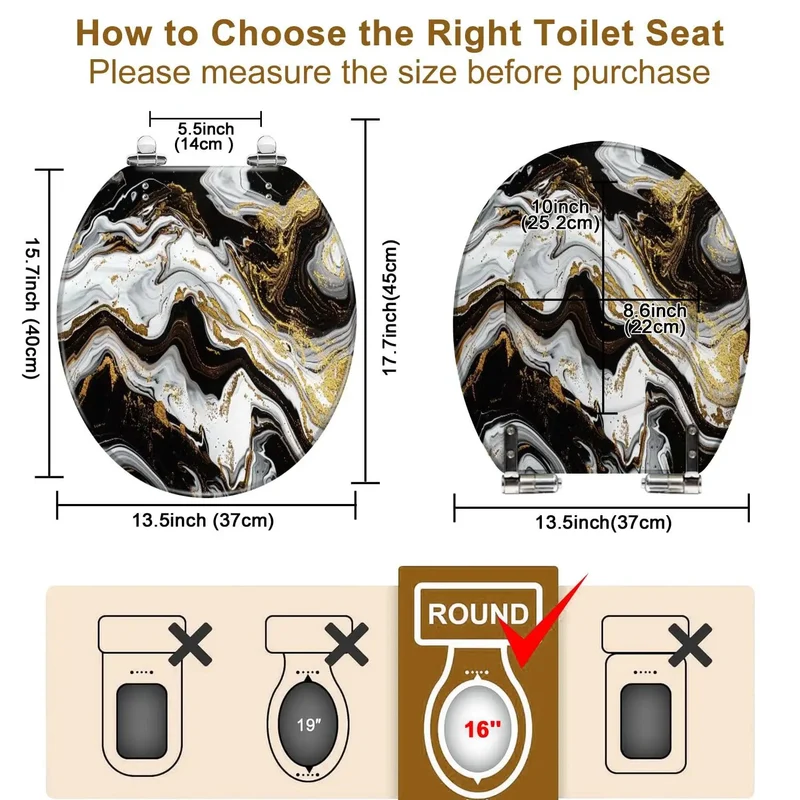 Marble Vein Round Resin Toilet Seat with Buttery Smooth Glide Action No Sweat Hardware Installation For American Standard Fixtures Fresh Bathroom Vibe and Tight Fit that Really Pops