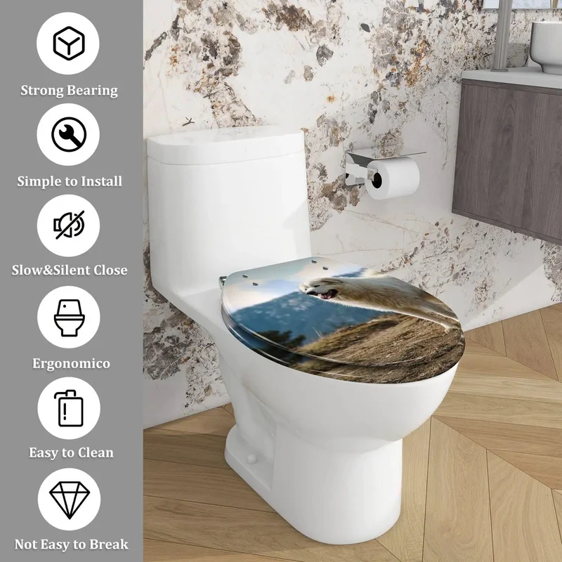 Universal Elongated Toilet Seat Slick Decorative Finish No Sweat Setup Fits Most Standard Bathroom Toilets Solid Top Shelf Heavy Duty Build Smooth Swing Hinges