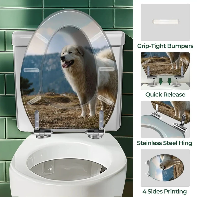 Universal Elongated Toilet Seat Slick Decorative Finish No Sweat Setup Fits Most Standard Bathroom Toilets Solid Top Shelf Heavy Duty Build Smooth Swing Hinges