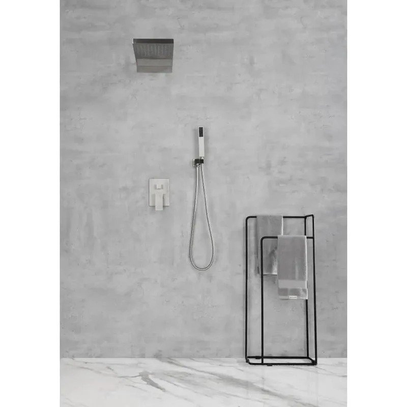 Premium Wall Mounted Shower System With Dual Rainfall Head And Easy Grip Handheld Sprayer In Real Slick Brushed Nickel Finish Built Tough From Corrosion Proof Solid Brass For A Zero Drama Bath Upgrade