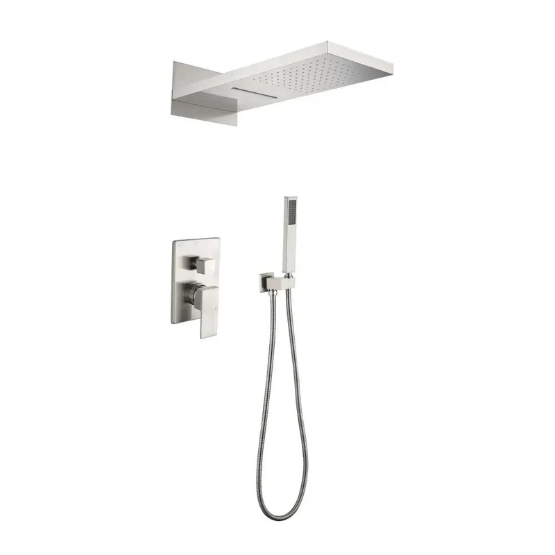 Premium Wall Mounted Shower System With Dual Rainfall Head And Easy Grip Handheld Sprayer In Real Slick Brushed Nickel Finish Built Tough From Corrosion Proof Solid Brass For A Zero Drama Bath Upgrade