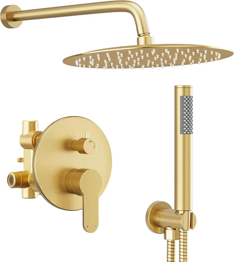 Superior Brushed Gold Shower System With 10 Inch Rainfall Head And Handheld Sprayer Bringing Killer Spa Vibes To Your Fresh Home Bathroom Renovation Project Today