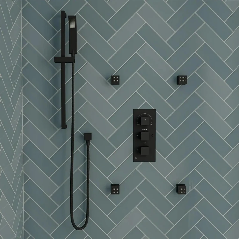 Top Shelf Slick Matte Black Thermostatic Shower System Trim Kit With Pressure Balance Valve And Modern Rectangle Wall Setup For Big Time Bathroom Refreshes