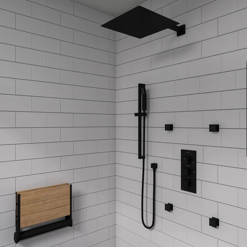 Top Shelf Slick Matte Black Thermostatic Shower System Trim Kit With Pressure Balance Valve And Modern Rectangle Wall Setup For Big Time Bathroom Refreshes