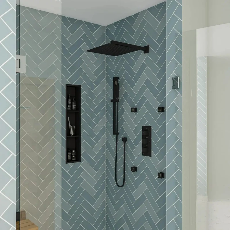 Top Shelf Slick Matte Black Thermostatic Shower System Trim Kit With Pressure Balance Valve And Modern Rectangle Wall Setup For Big Time Bathroom Refreshes
