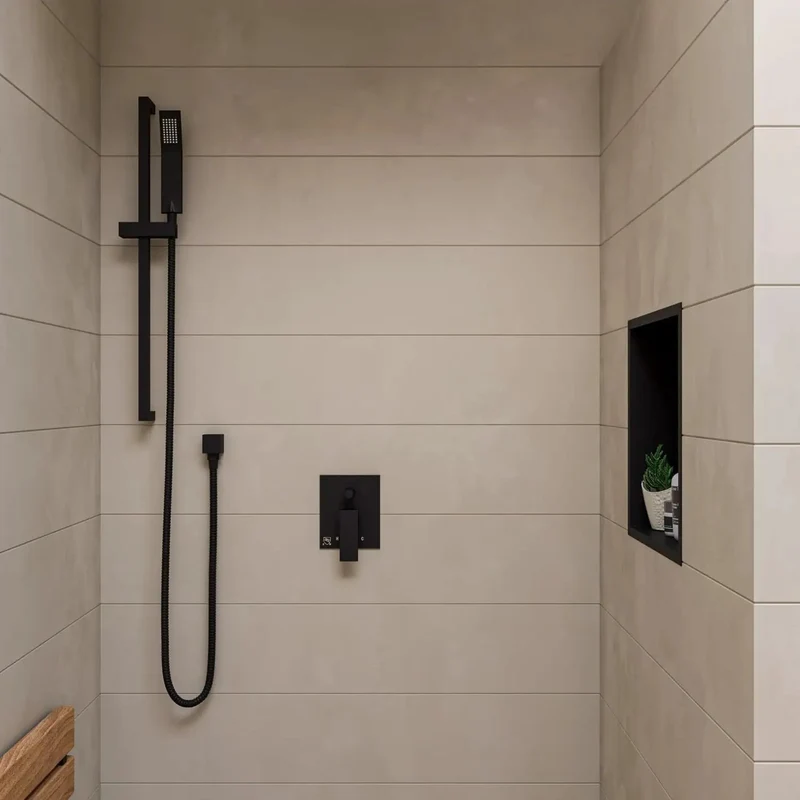 Heavy Duty Slick Black Matte Shower Faucet System With Straight Up Pressure Balance Valve And No Hassle Single Lever Handle For Your Next Bathroom Remodel Project Done Right