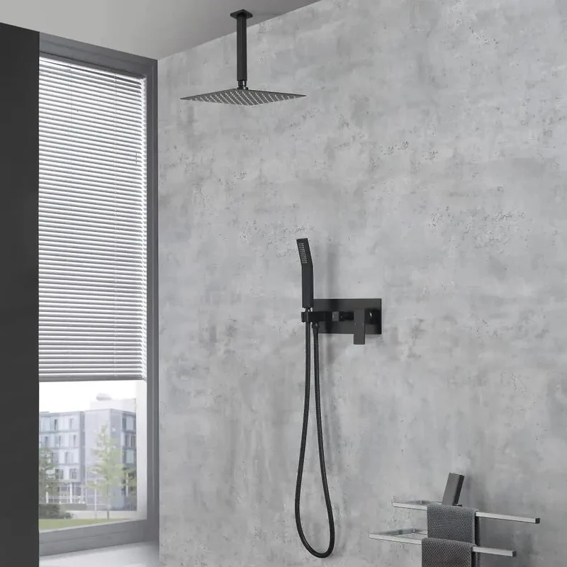 Slick 10 Inch Ceiling Rain Shower System With Matching Handheld Spray In Premium Matte Black Finish For Top Shelf Bathroom Upgrades And Heavy Duty Cascading Water Flow