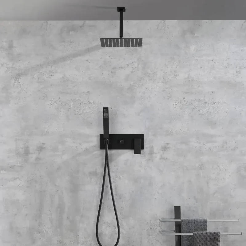 Slick 10 Inch Ceiling Rain Shower System With Matching Handheld Spray In Premium Matte Black Finish For Top Shelf Bathroom Upgrades And Heavy Duty Cascading Water Flow