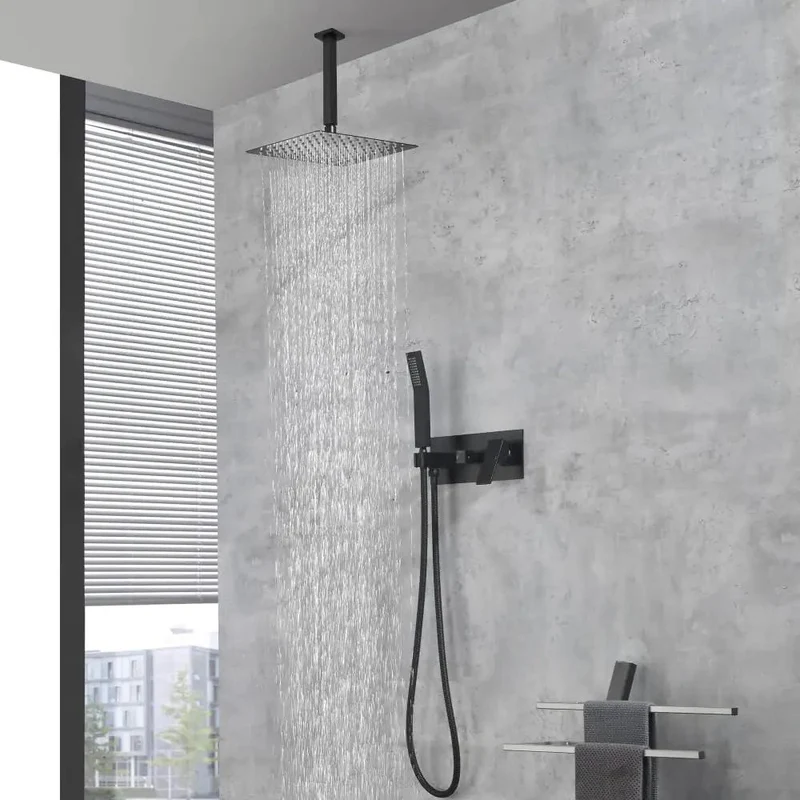 Slick 10 Inch Ceiling Rain Shower System With Matching Handheld Spray In Premium Matte Black Finish For Top Shelf Bathroom Upgrades And Heavy Duty Cascading Water Flow