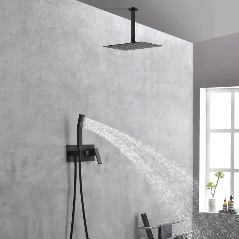 Slick 10 Inch Ceiling Rain Shower System With Matching Handheld Spray In Premium Matte Black Finish For Top Shelf Bathroom Upgrades And Heavy Duty Cascading Water Flow