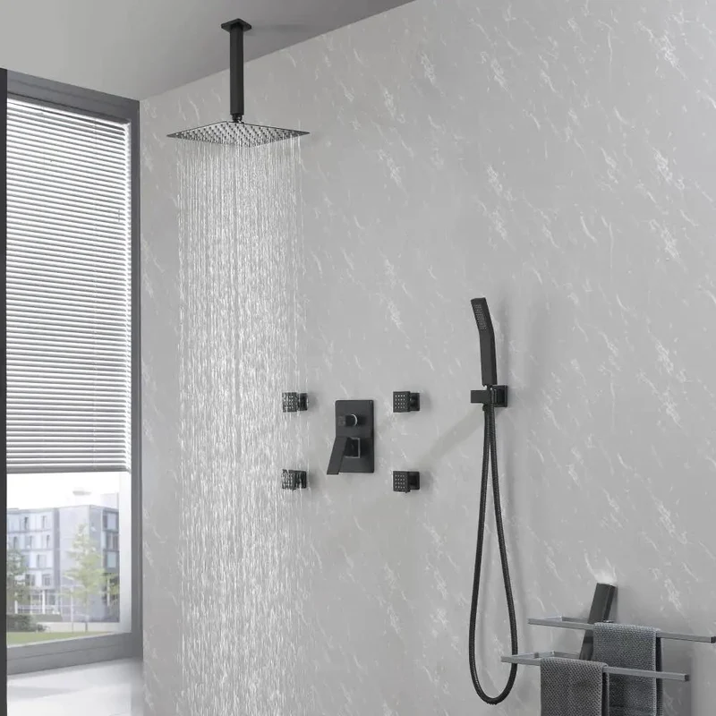 Top Shelf Matte Black Shower System Featuring 10 Inch Ceiling Rainfall Head Dual Body Spray Jets And Handheld Sprayer For A Straight Up Spa Vibe That Brings Rich Cascading Flow To Your Daily Bath Routine