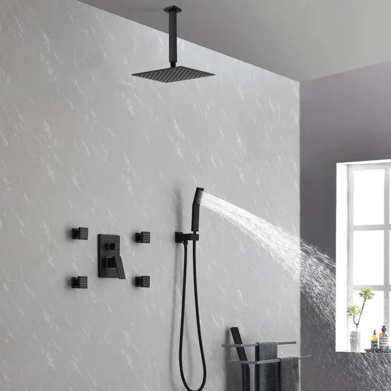 Top Shelf Matte Black Shower System Featuring 10 Inch Ceiling Rainfall Head Dual Body Spray Jets And Handheld Sprayer For A Straight Up Spa Vibe That Brings Rich Cascading Flow To Your Daily Bath Routine