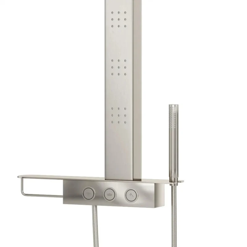 Modern Stainless Steel Shower System With Rain Head And Powerful Body Jets Plus Hand Shower And Storage Shelf Featuring Slick Brushed Finish For A Clean Bathroom Setup That Is Straight Up Top Tier