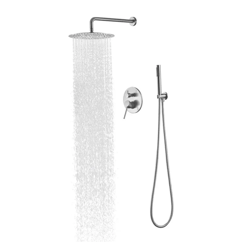 Premium Wall Mounted Shower System Boasting Ten Inch Rainfall Head And Flexible Handheld Sprayer Designed In Cool Brushed Nickel For The Ultimate Bathroom Glow Up