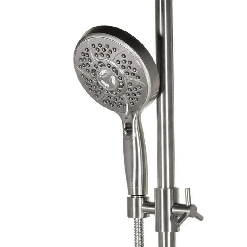 Top Shelf Brushed Nickel Shower System With A Slick Adjustable 23 Inch Slide Bar And Five Spray Handheld For A Straight Up Game Changing Bathroom Experience Today