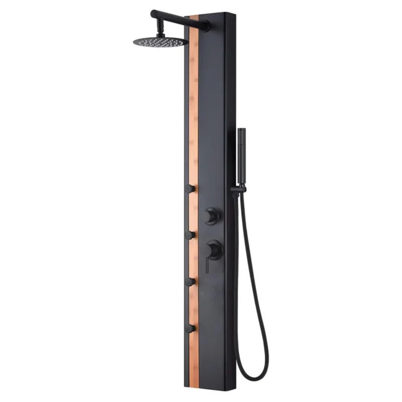 Badass Matte Black Shower System With Knockout Rainfall Head Dual Body Jets Portable Handheld Wand Natural Bamboo Accent Panel Slick Surface Mounted Design Rock Solid Aluminum Build Top Shelf Bathroom Remodel Upgrade