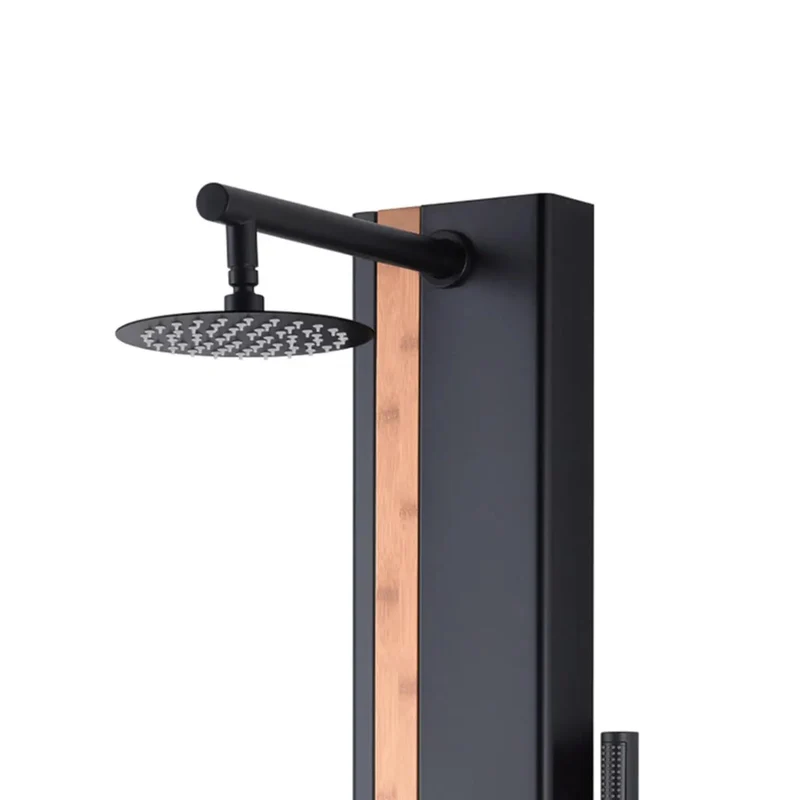Badass Matte Black Shower System With Knockout Rainfall Head Dual Body Jets Portable Handheld Wand Natural Bamboo Accent Panel Slick Surface Mounted Design Rock Solid Aluminum Build Top Shelf Bathroom Remodel Upgrade