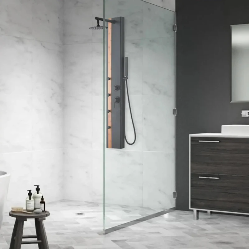 Badass Matte Black Shower System With Knockout Rainfall Head Dual Body Jets Portable Handheld Wand Natural Bamboo Accent Panel Slick Surface Mounted Design Rock Solid Aluminum Build Top Shelf Bathroom Remodel Upgrade
