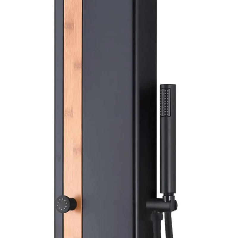Badass Matte Black Shower System With Knockout Rainfall Head Dual Body Jets Portable Handheld Wand Natural Bamboo Accent Panel Slick Surface Mounted Design Rock Solid Aluminum Build Top Shelf Bathroom Remodel Upgrade