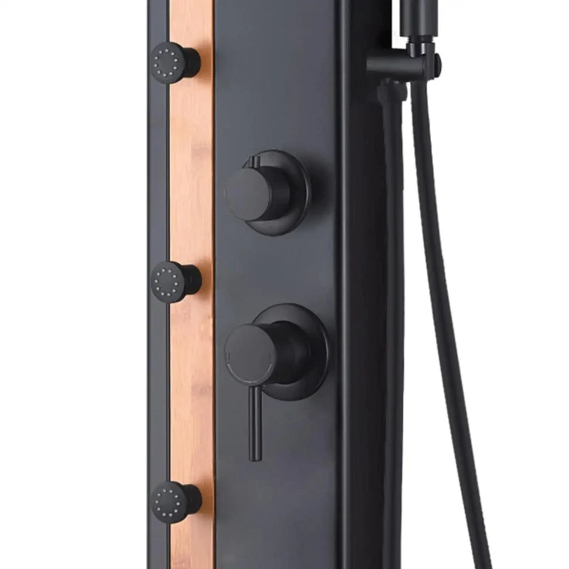 Badass Matte Black Shower System With Knockout Rainfall Head Dual Body Jets Portable Handheld Wand Natural Bamboo Accent Panel Slick Surface Mounted Design Rock Solid Aluminum Build Top Shelf Bathroom Remodel Upgrade