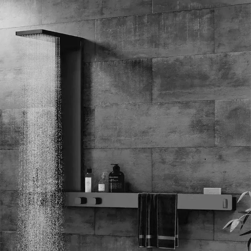 Wall Mounted Thermostatic Shower System With Sleek Brushed Gun Grey Finish Heavy Duty Rain Shower Head And Roomy Storage Rack Plus Easy Snap Towel Bar For Modern Home Bathrooms