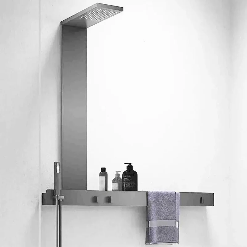Wall Mounted Thermostatic Shower System With Sleek Brushed Gun Grey Finish Heavy Duty Rain Shower Head And Roomy Storage Rack Plus Easy Snap Towel Bar For Modern Home Bathrooms