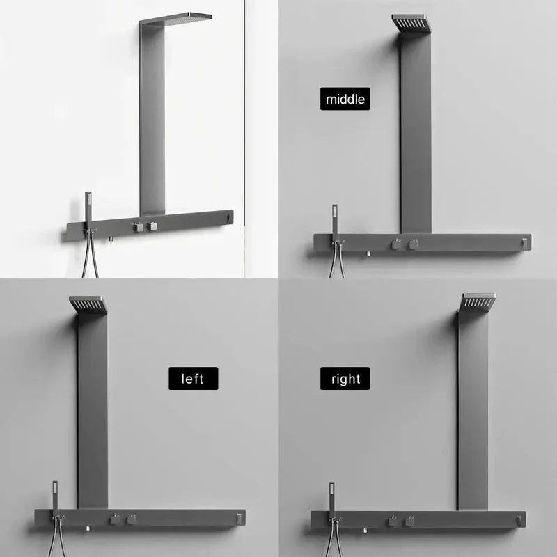 Wall Mounted Thermostatic Shower System With Sleek Brushed Gun Grey Finish Heavy Duty Rain Shower Head And Roomy Storage Rack Plus Easy Snap Towel Bar For Modern Home Bathrooms