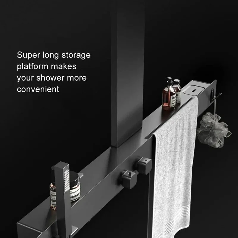 Wall Mounted Thermostatic Shower System With Sleek Brushed Gun Grey Finish Heavy Duty Rain Shower Head And Roomy Storage Rack Plus Easy Snap Towel Bar For Modern Home Bathrooms