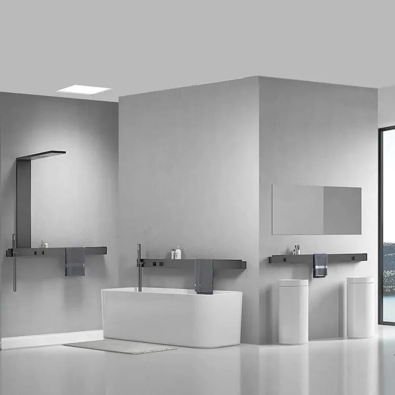 Wall Mounted Thermostatic Shower System With Sleek Brushed Gun Grey Finish Heavy Duty Rain Shower Head And Roomy Storage Rack Plus Easy Snap Towel Bar For Modern Home Bathrooms