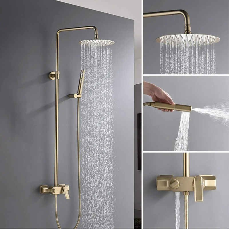 Shower Goals Wall Mounted Rainfall Shower System With Hand Sprayer And Tub Spout Brushed Gold Brass Faucet Triple Function Mixer Tap Rust Proof Heavy Duty Metal Flex Bath Upgrade
