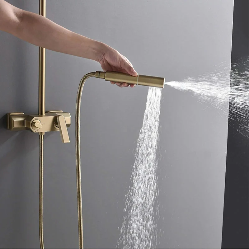 Shower Goals Wall Mounted Rainfall Shower System With Hand Sprayer And Tub Spout Brushed Gold Brass Faucet Triple Function Mixer Tap Rust Proof Heavy Duty Metal Flex Bath Upgrade