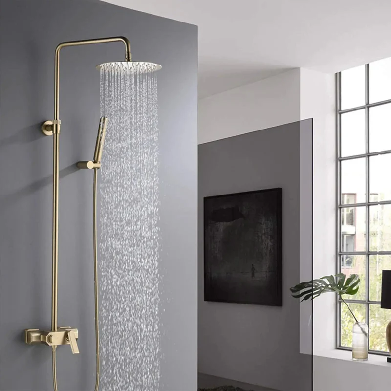 Shower Goals Wall Mounted Rainfall Shower System With Hand Sprayer And Tub Spout Brushed Gold Brass Faucet Triple Function Mixer Tap Rust Proof Heavy Duty Metal Flex Bath Upgrade
