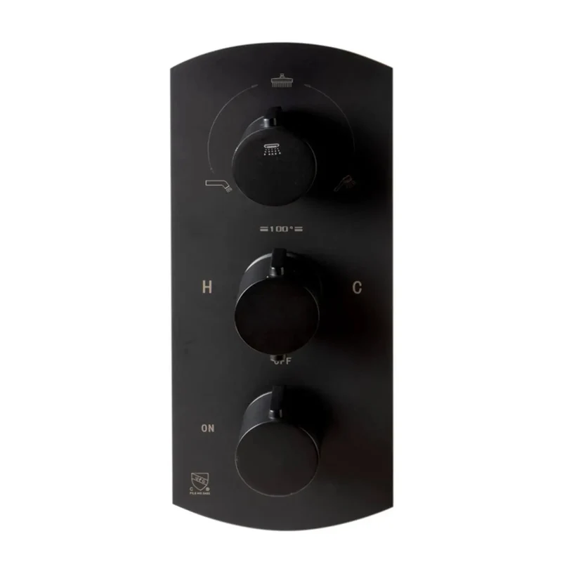Slick Modern Thermostatic Shower System With Independent Temperature And Pressure Knobs Dual Outlet Diverter For Simultaneous Showering Matte Black Bathroom Setup That Slays And Runs Hella Smooth