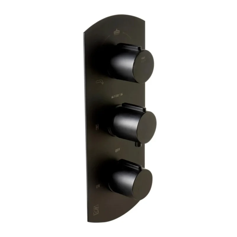 Slick Modern Thermostatic Shower System With Independent Temperature And Pressure Knobs Dual Outlet Diverter For Simultaneous Showering Matte Black Bathroom Setup That Slays And Runs Hella Smooth