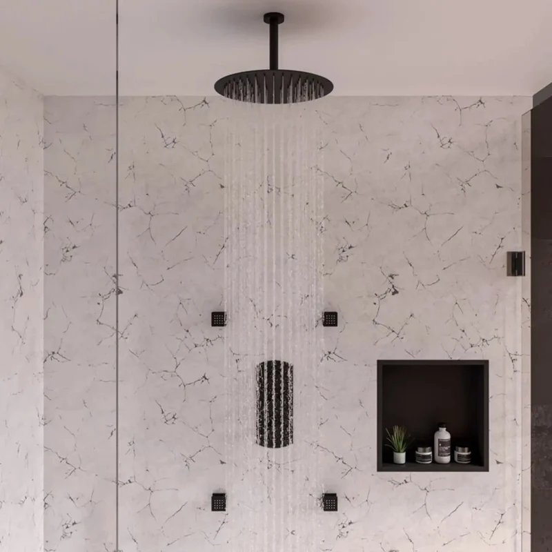Slick Modern Thermostatic Shower System With Independent Temperature And Pressure Knobs Dual Outlet Diverter For Simultaneous Showering Matte Black Bathroom Setup That Slays And Runs Hella Smooth