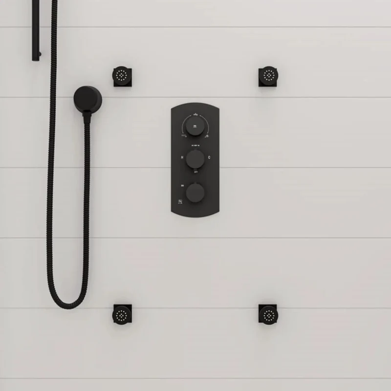 Slick Modern Thermostatic Shower System With Independent Temperature And Pressure Knobs Dual Outlet Diverter For Simultaneous Showering Matte Black Bathroom Setup That Slays And Runs Hella Smooth