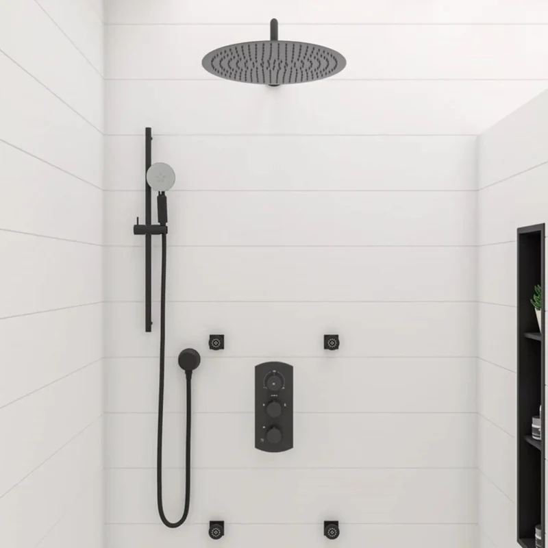 Slick Modern Thermostatic Shower System With Independent Temperature And Pressure Knobs Dual Outlet Diverter For Simultaneous Showering Matte Black Bathroom Setup That Slays And Runs Hella Smooth