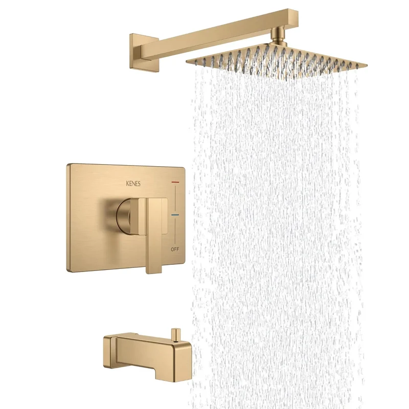 Swanky Champagne Bronze Square Shower Set With Tub Faucet And Badass High Pressure Rain Shower Head For Wall Mount Bathroom California Certified No Drip Finish