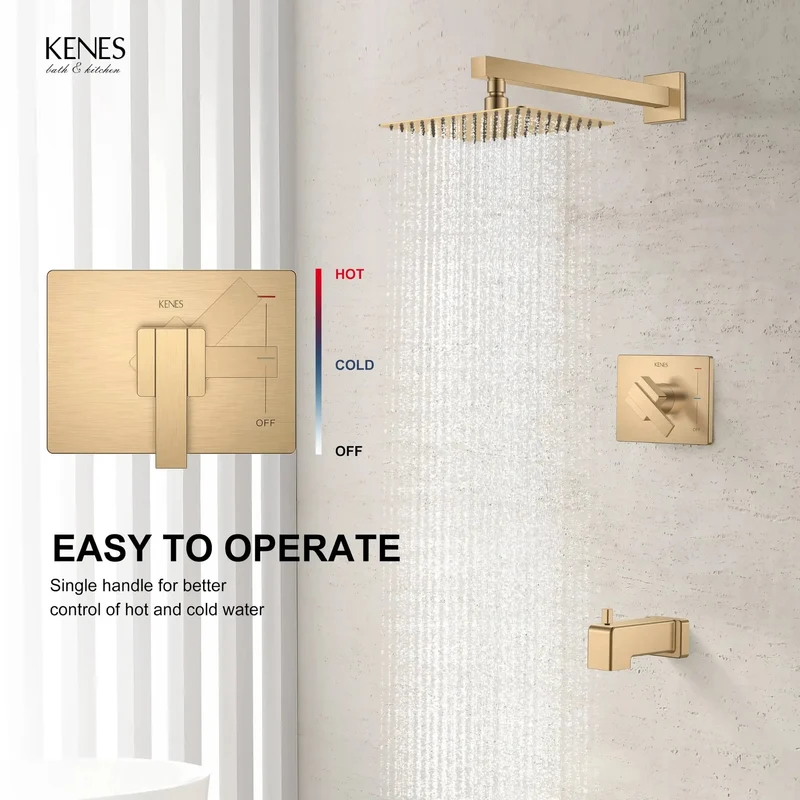 Swanky Champagne Bronze Square Shower Set With Tub Faucet And Badass High Pressure Rain Shower Head For Wall Mount Bathroom California Certified No Drip Finish