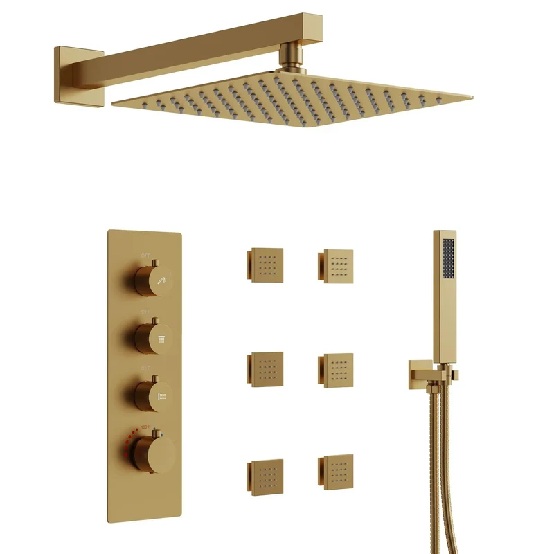 Level Up Your Bath Game With This Top Shelf 12 Inch Rainfall Shower System And Handheld Sprayer Brushed Gold Wall Mounted Fixture Serving Seven Custom Spray Settings