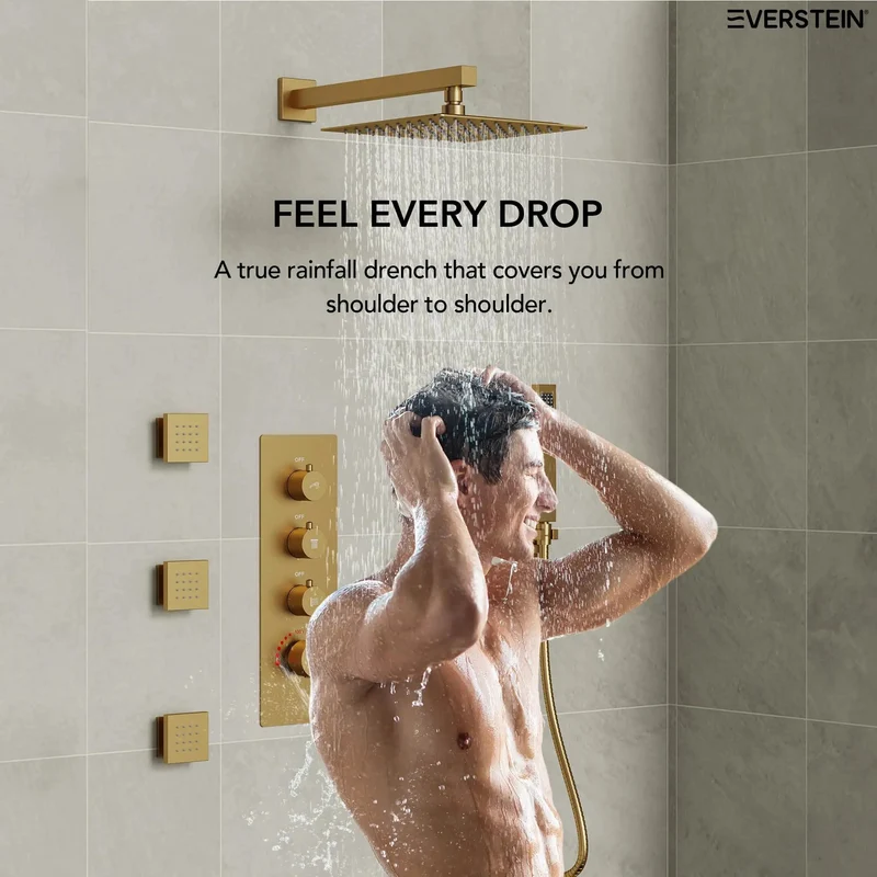 Level Up Your Bath Game With This Top Shelf 12 Inch Rainfall Shower System And Handheld Sprayer Brushed Gold Wall Mounted Fixture Serving Seven Custom Spray Settings