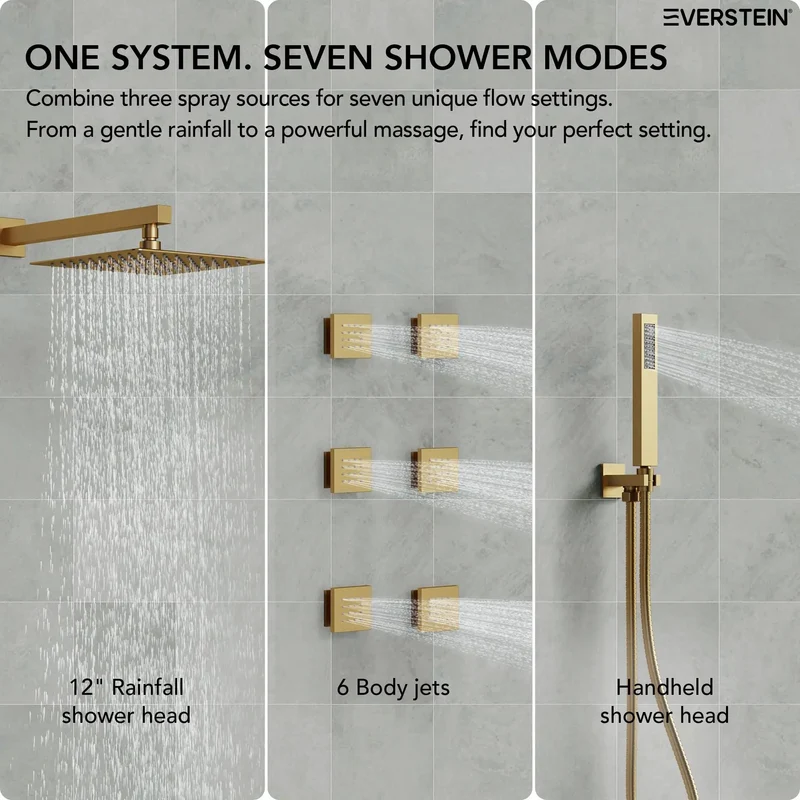Level Up Your Bath Game With This Top Shelf 12 Inch Rainfall Shower System And Handheld Sprayer Brushed Gold Wall Mounted Fixture Serving Seven Custom Spray Settings