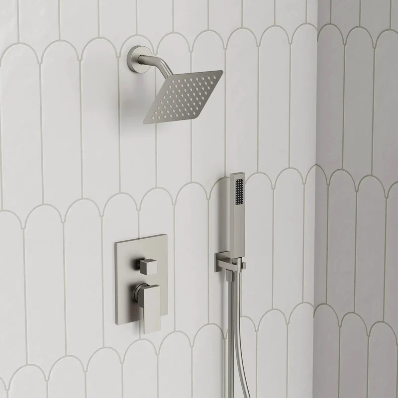 Six Inch Wall Mount Shower System With Rainfall Head And Flexible Handheld Sprayer In Smooth Brushed Nickel For A Level Up Bathroom Upgrade And Zero Fuss Daily Showers