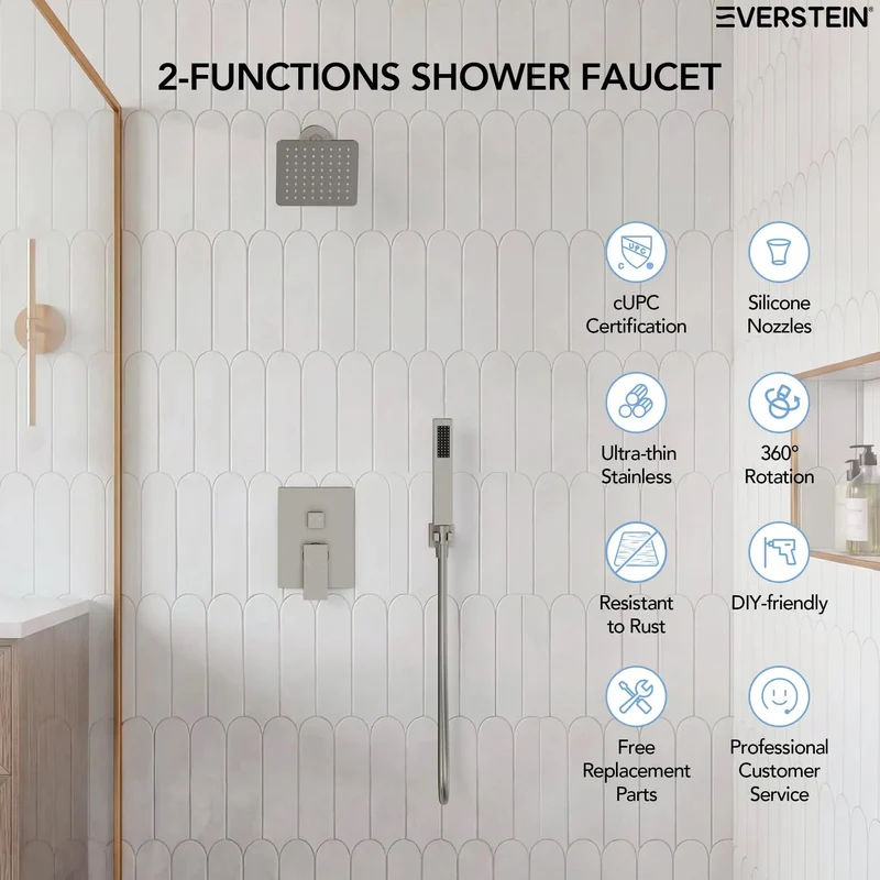 Six Inch Wall Mount Shower System With Rainfall Head And Flexible Handheld Sprayer In Smooth Brushed Nickel For A Level Up Bathroom Upgrade And Zero Fuss Daily Showers