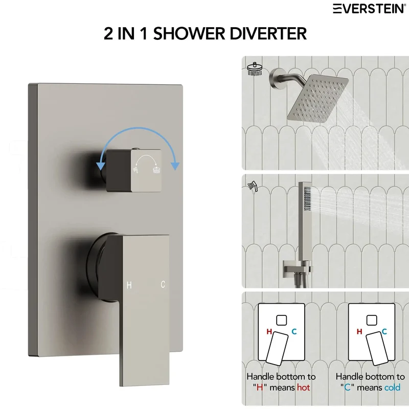 Six Inch Wall Mount Shower System With Rainfall Head And Flexible Handheld Sprayer In Smooth Brushed Nickel For A Level Up Bathroom Upgrade And Zero Fuss Daily Showers